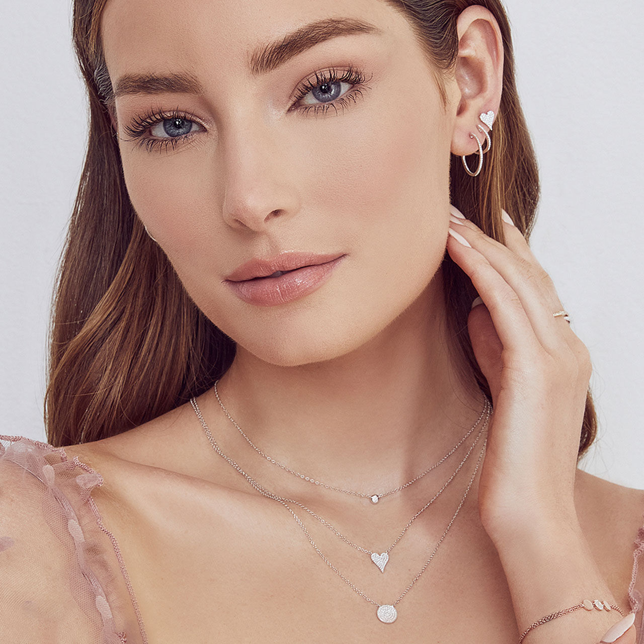 White Gold Heart Pendant with Diamond Pav&eacute; On Model image number 1